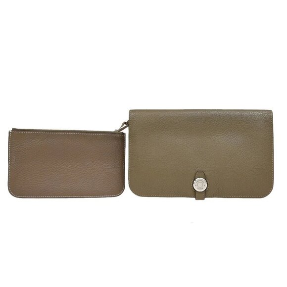 RFHERMES Logo Dogon GM Long Bifold Wallet Square N Leather Brown France 88RF420 - Picture 1 of 15